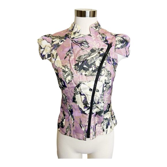 Topshop Asian Floral Jacquard Moto Zip Up Top Jacket Sz 8 Mandarin Collar - Picture 1 of 5